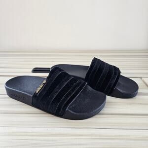 Adidas Adillette Women's Black Gold Metallic Velvet Slide Size 6
